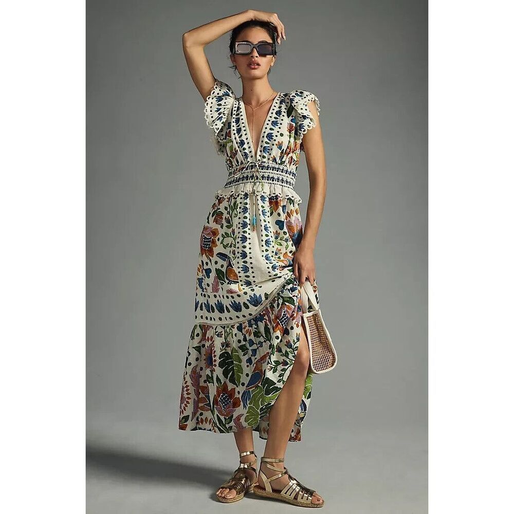 Farm Rio Summer Garden Dress Anthropologie Sleeveless Floral Ruffle
